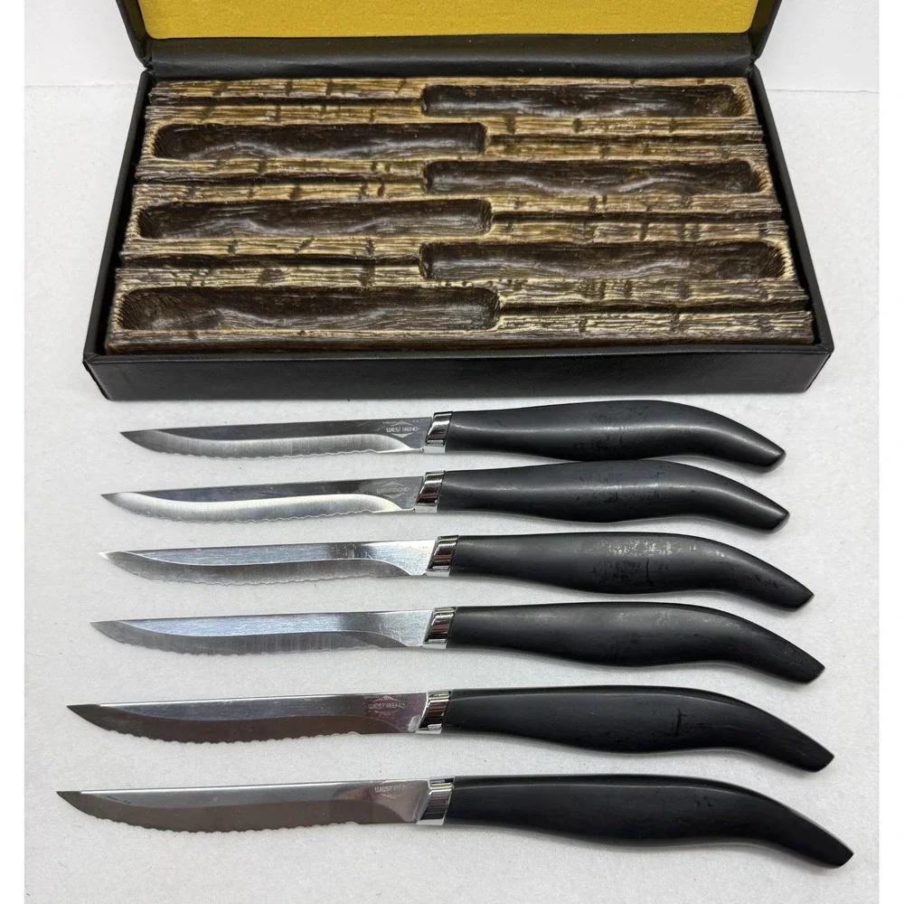 Vintage West Bend Steak Knives Set of 6 Hand Crafted USA Serrated Blades Boxed